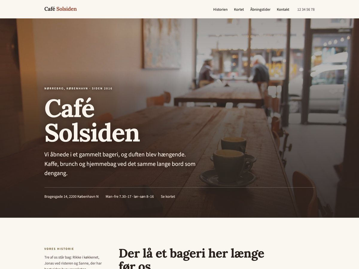 Forsiden af demo-hjemmesiden for Café Solsiden, designretning Fortællende