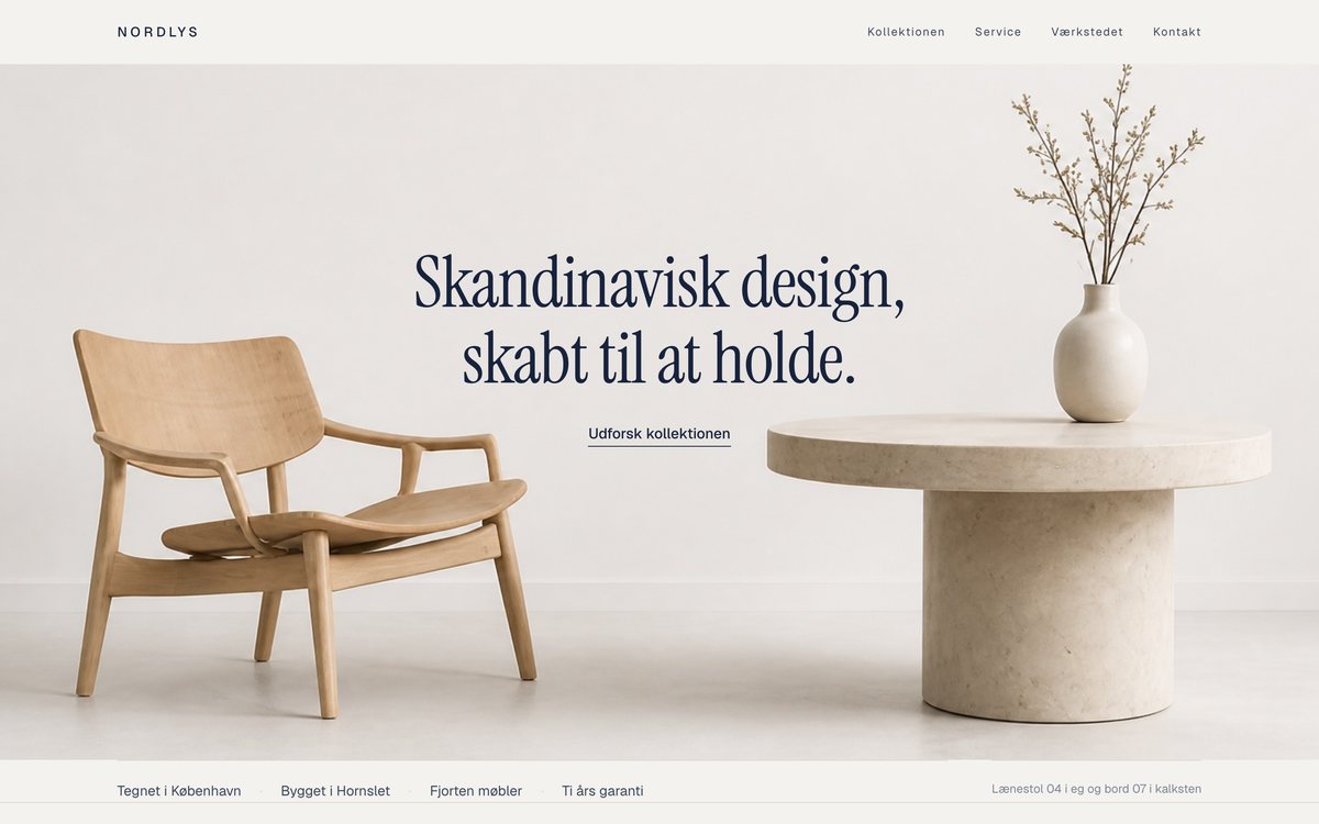 Forsiden af demo-hjemmesiden for Nordlys, designretning Minimalistisk