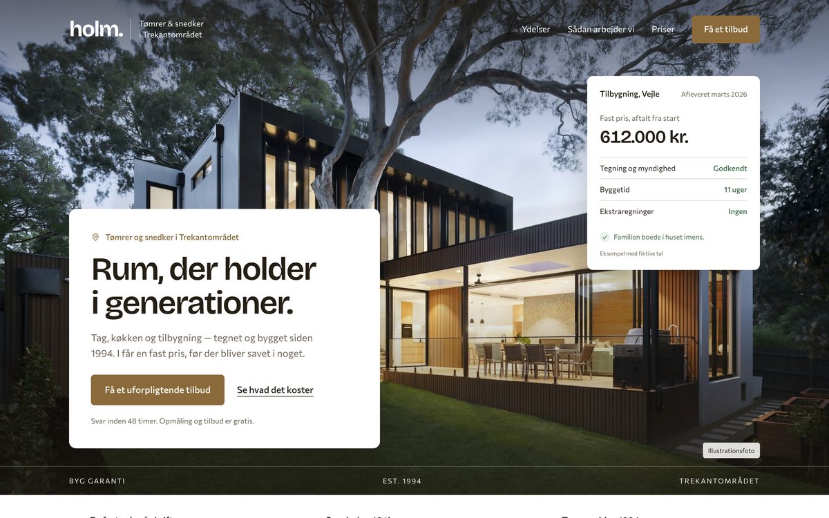 Forsiden af demo-hjemmesiden for Tømrer Holm, designretning Moderne og klar