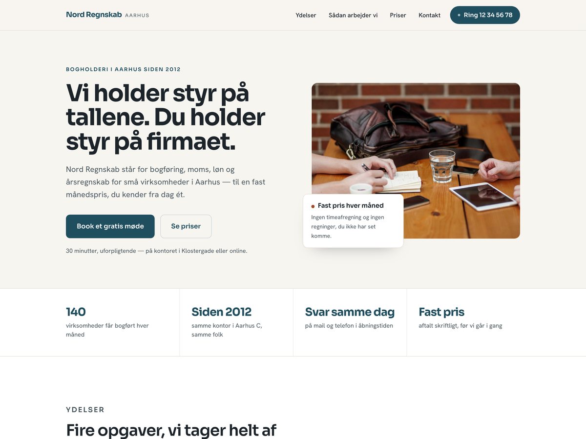 Forsiden af demo-hjemmesiden for Nord Regnskab, designretning Moderne og klar