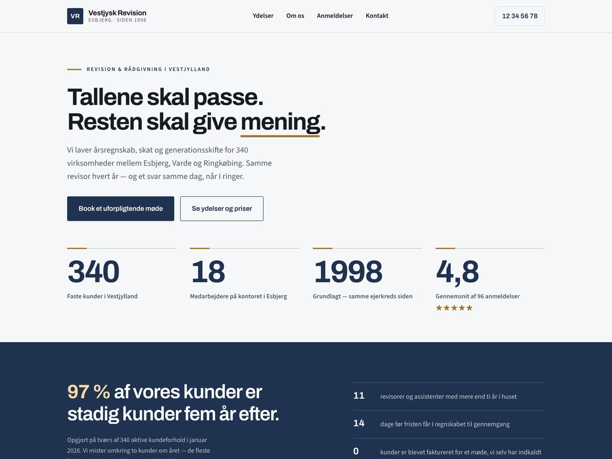 Forsiden af demo-hjemmesiden for Vestjysk Revision, designretning Tal og tillid