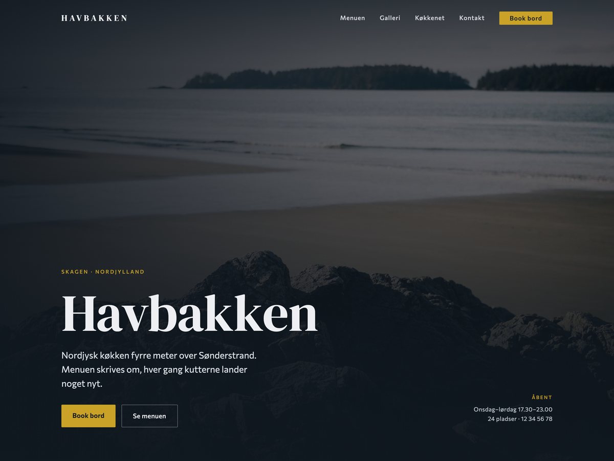 Forsiden af demo-hjemmesiden for Restaurant Havbakken, designretning Visuel